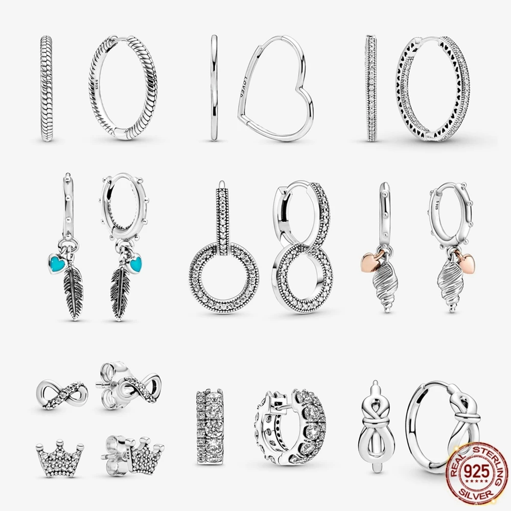 

925 Sterling Silver Heart shaped Earrings Suitable for Original Ladies Pandora Rose Gold Love Sparkling Feather Earrings Jewelry
