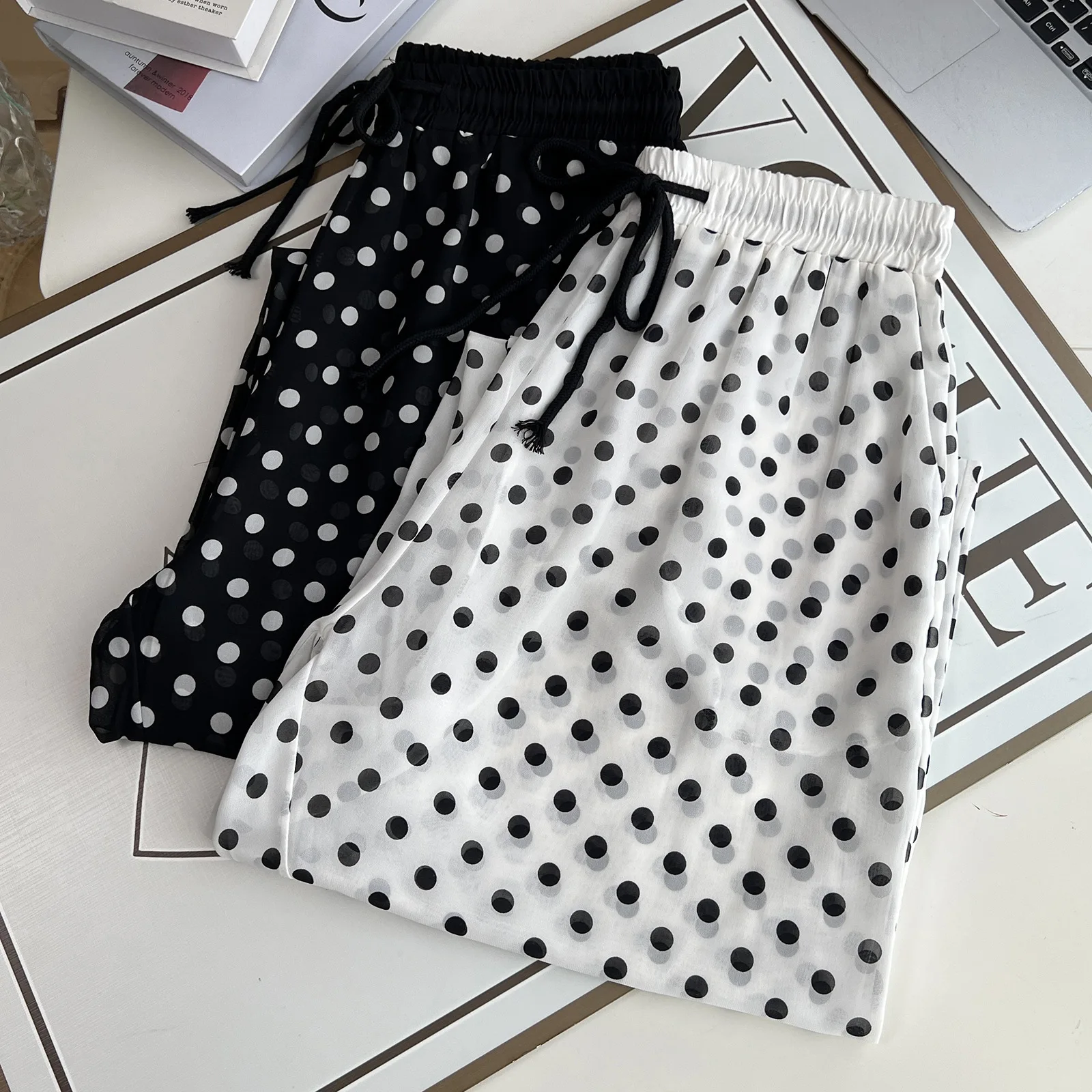 100kg Plus Size Women's Wide Leg Pants Casual Simple Translucent  Thin Polka Dot Chiffon Trousers Summer New 1686