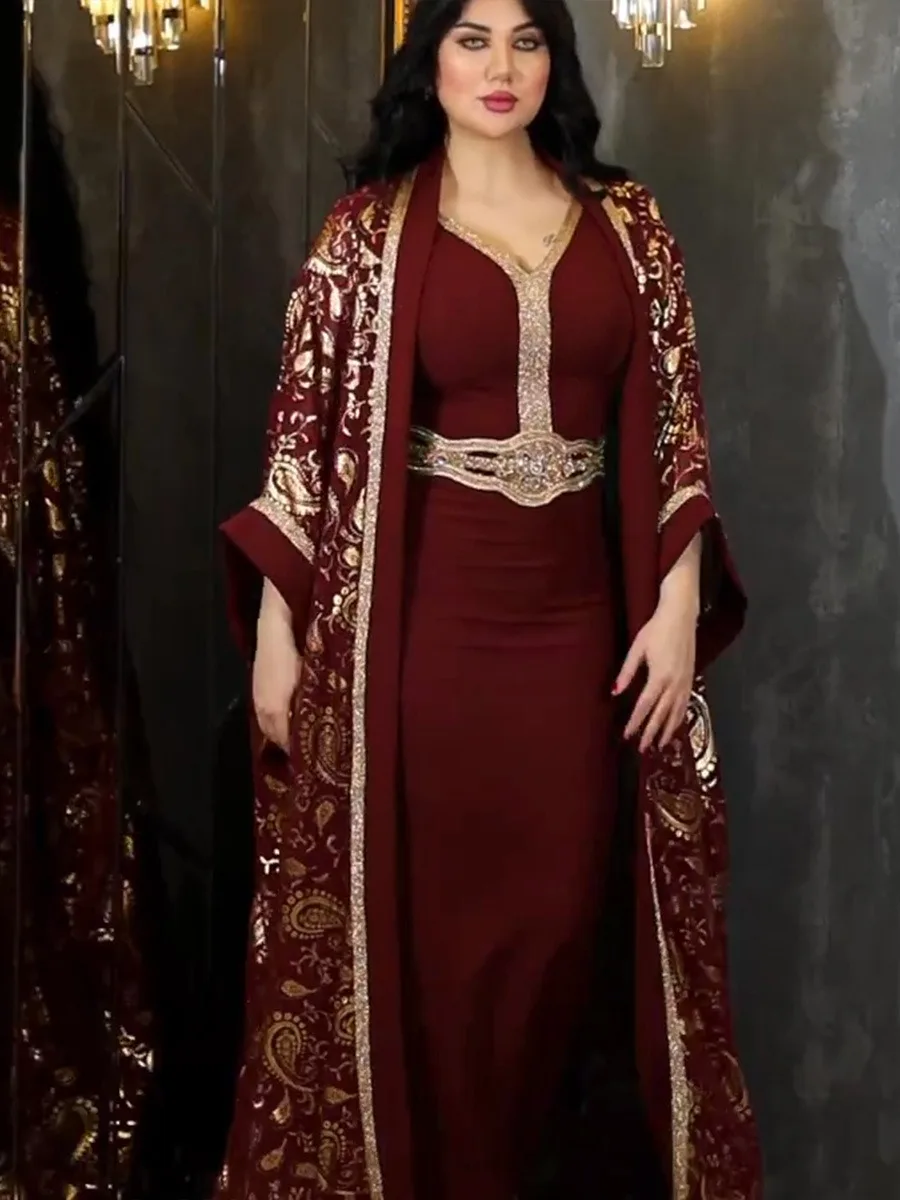 Eid Muslim Party Abaya Women 2 Piece Set with Inner Dress Ramadan Cardigan Long Dress $20.24