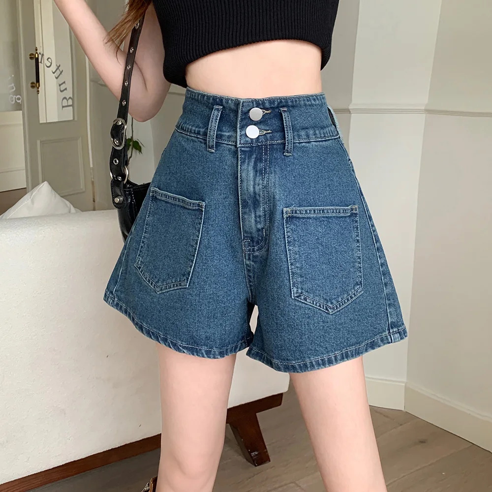 

New Women Summer Denim Shorts Fashion High Waist A-Line Plus Size Shorts Simplicity Casual Basic Blue Denim Shorts