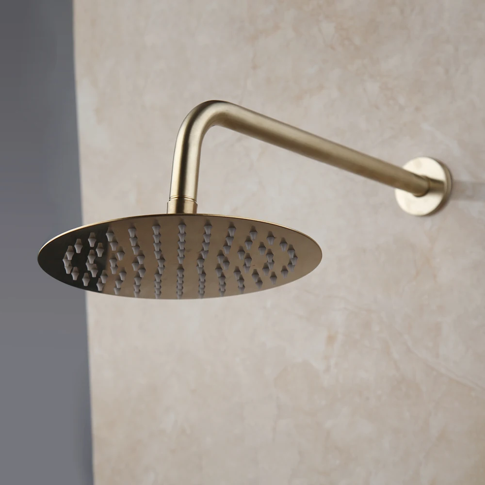 JIENI Brush Golden 10 Inch Shower Faucet Set Round Shower Head Wall Mounted Rainfall Set W/ Hand Mixer Faucet