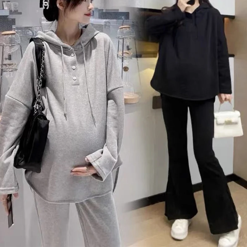 Spring and Autumn Hooded Long Sleeved Pregnant Women's Pants Two-piece Set Casual Maternity Sports Clothes Sets Plus Size Suits