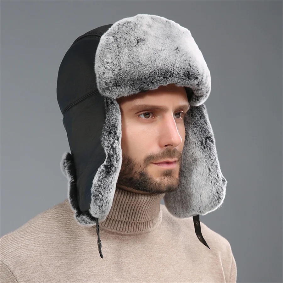 Bomber Hat Men Women Thick Warm Russian Ushanka Rex Rabbit Fur Hat Fashion Male Female Winter Sheepskin Earflap Ski Russian Cap