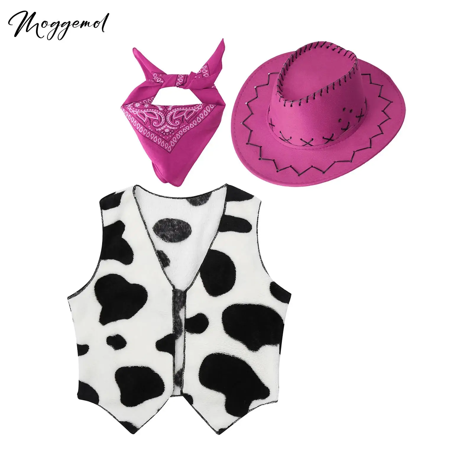 3 Pcs Kids Western Rodeo Cowboy Cowgirl Costume Vest with Bandanna Hat Wild West Outfits for Halloween Party Cosplay Dress Up