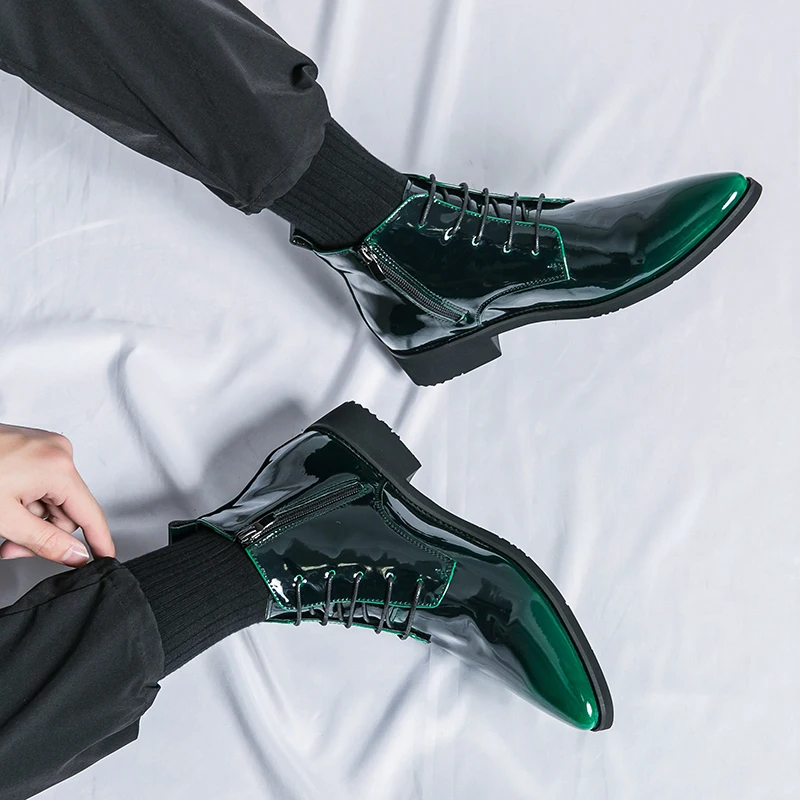 Luxury Chelsea Boots Men's Shiny Leather Shoes Pointed High Top Shoes Men's Banquet Dress Shoes High-end Purple Red Short Boots