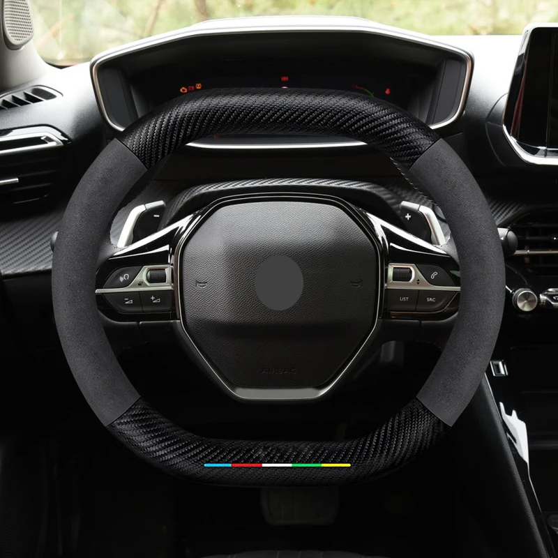 

For Peugeot Suede Leather Car Steering Wheel Cover 3008 4008 5008 208 e208 2008 e2008 Carbon Fiber Non-slip Wheel Covers