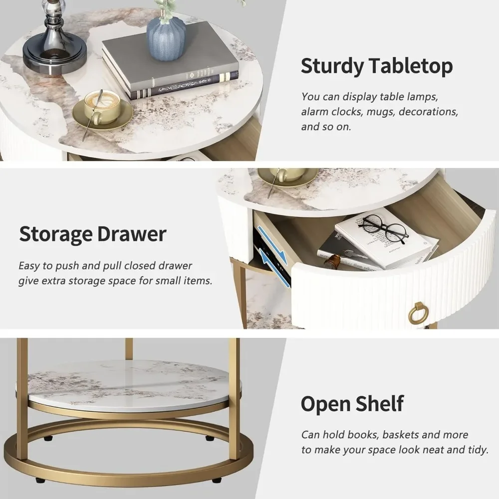 Round Side Table with Drawer, 2 Tier Night Stand with Shelf, Modern Side Table with Gold Legs for Living Room, Bedroom, Dorm 6
