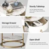 Round Side Table with Drawer, 2 Tier Night Stand with Shelf, Modern Side Table with Gold Legs for Living Room, Bedroom, Dorm 6