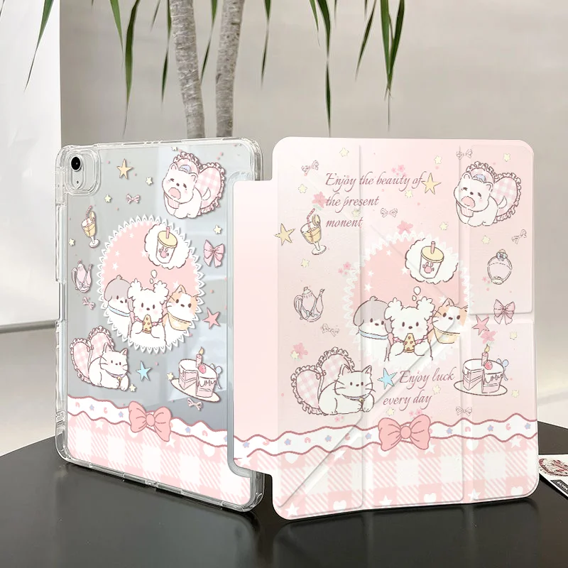 Chic Korean Pink Cat & Puppy Bow Tablet Case