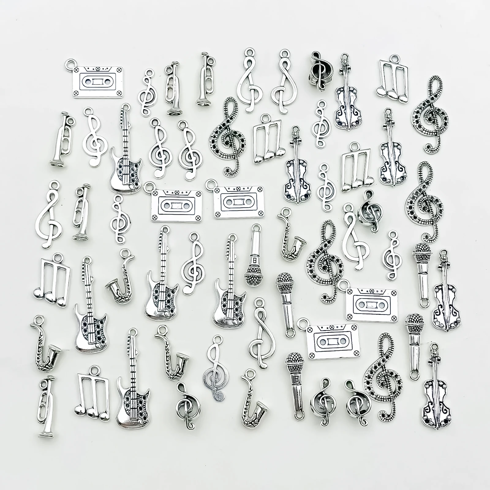 

Mix 60pcs Antique Silvery Musical Instrument Notes Charms Pendants For Jewelry Making Guitar Piano Violin Findings