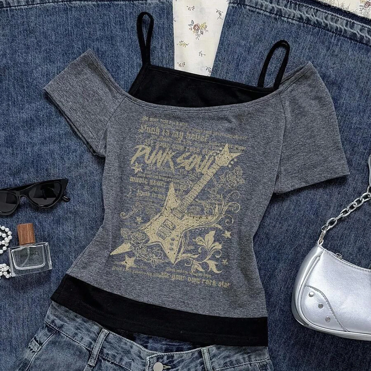 Amerikanisches Vintage Fake-Two-Piece Halter-T-Shirt mit Schnürung, Y2K Slim Fit Print-Oberteil für Damen, schulterfreies Kurzarm-T-Shirt, Neploe