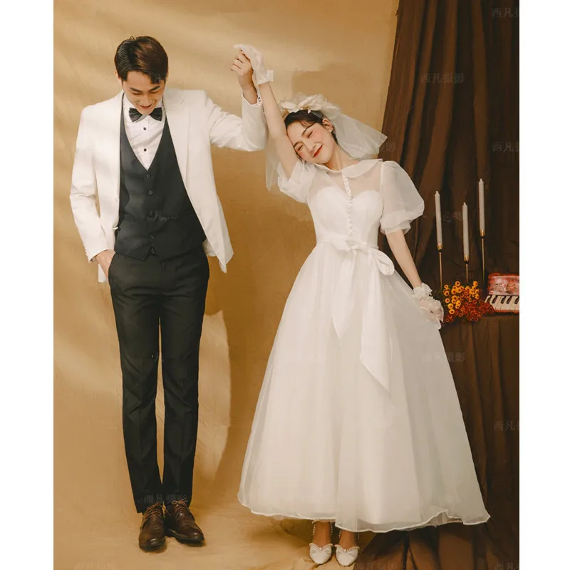 

New Short Sleeves Wedding Dresses With Sweet Bow Belt Illusion Tulle Vestido De Noiva Long Simple A Line Robe De Mariee