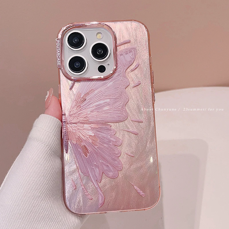 Luxury Pink Butterfly Laser Glitter Phone Case For iPhone 11 12 13 14 15 16 Pro Max Plus Pro Max Fashion Shockproof Bumper Cover_voghion.com