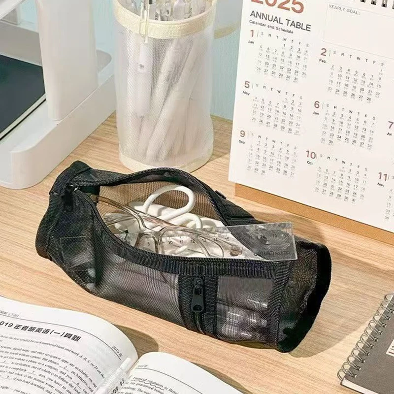 1Pcs 메쉬 연필 케이스 투명 편지지 가방 학교 학생을위한 휴대용 펜 가방 Office 편지지 주최자 스탠딩 펜 홀드