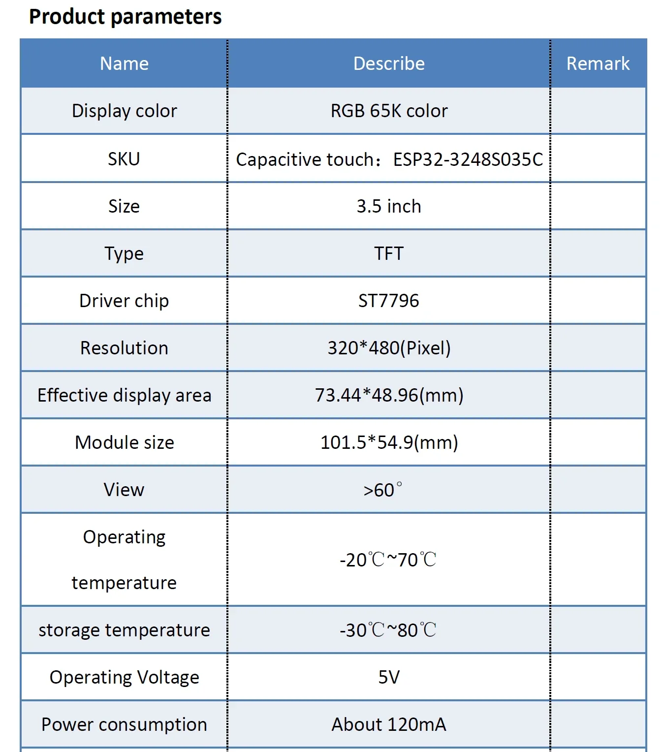 รูปสินค้า โมดูลจอสัมผัส Wi-Fi + Bluetooth 3.5 นิ้ว ST7796 สำหรับ Arduino