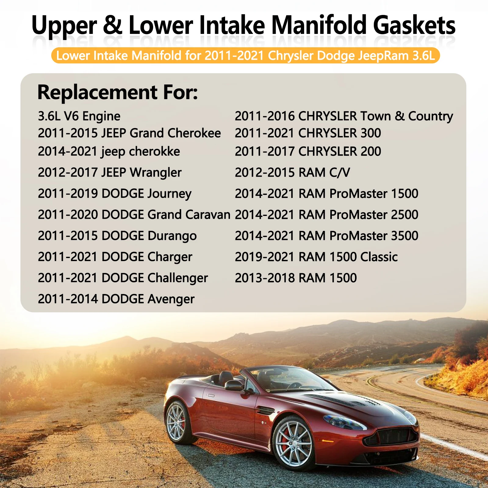 Intake Manifold Upper & Lower Gasket Set Fits Chrysler Dodge Jeep Ram 3.6L 2011-5184331AC 5184562AC
