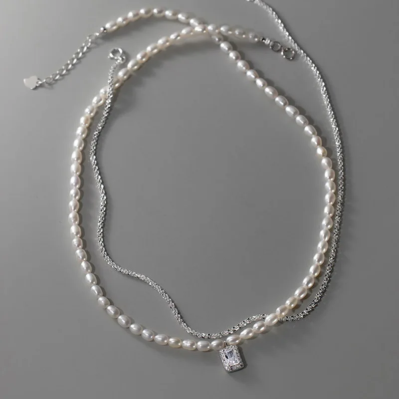925 Sterling Silver Sparkling Square Necklace Stacked Pearl Pendant Temperament Women Luxury Clavicle Chain Fine Jewelry