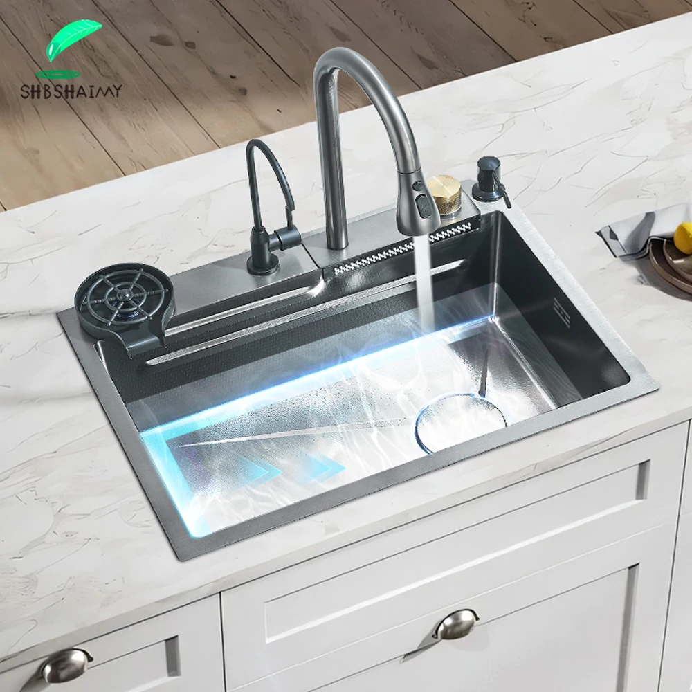 Waterfall Kitchen Sink Large Single basin With Large Single Slot Sink Above Counter With Cup Disher and Soap Dispenser