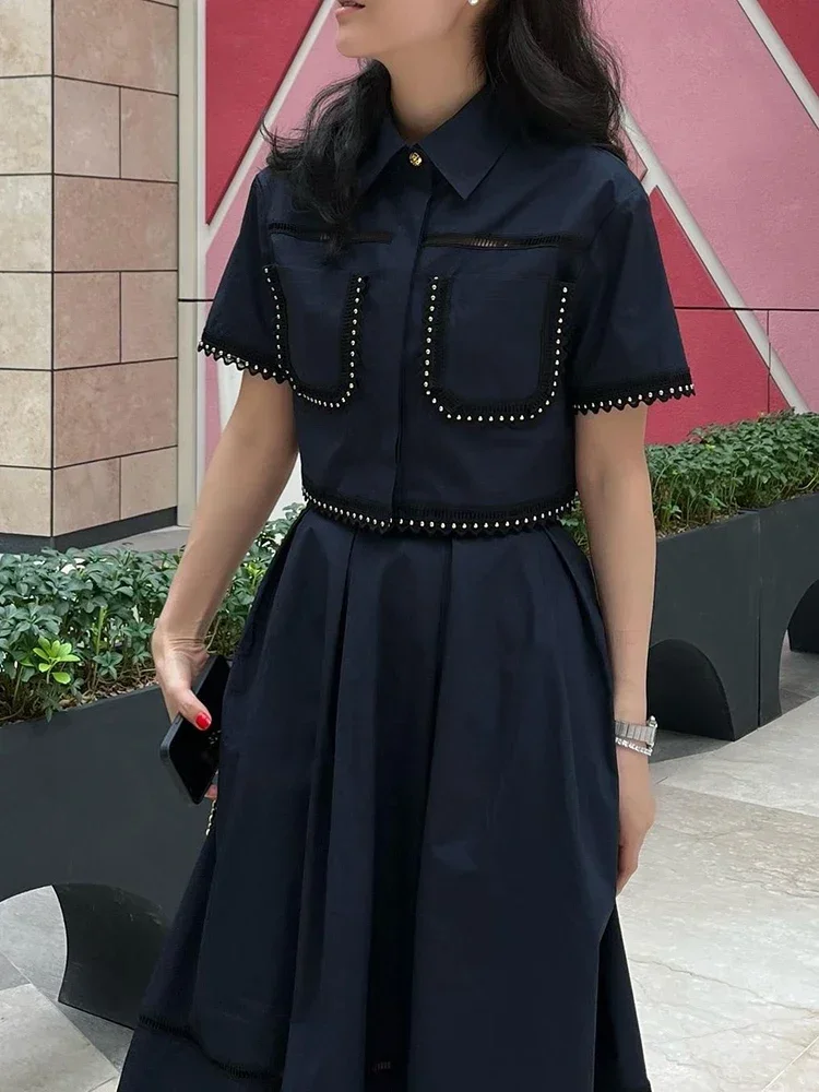 Elegant Two Piece Sets for Women Lapel Short Sleeve Tops High Waist A Line Pleated Skirts Solid Set Female Summer 2024  Dress