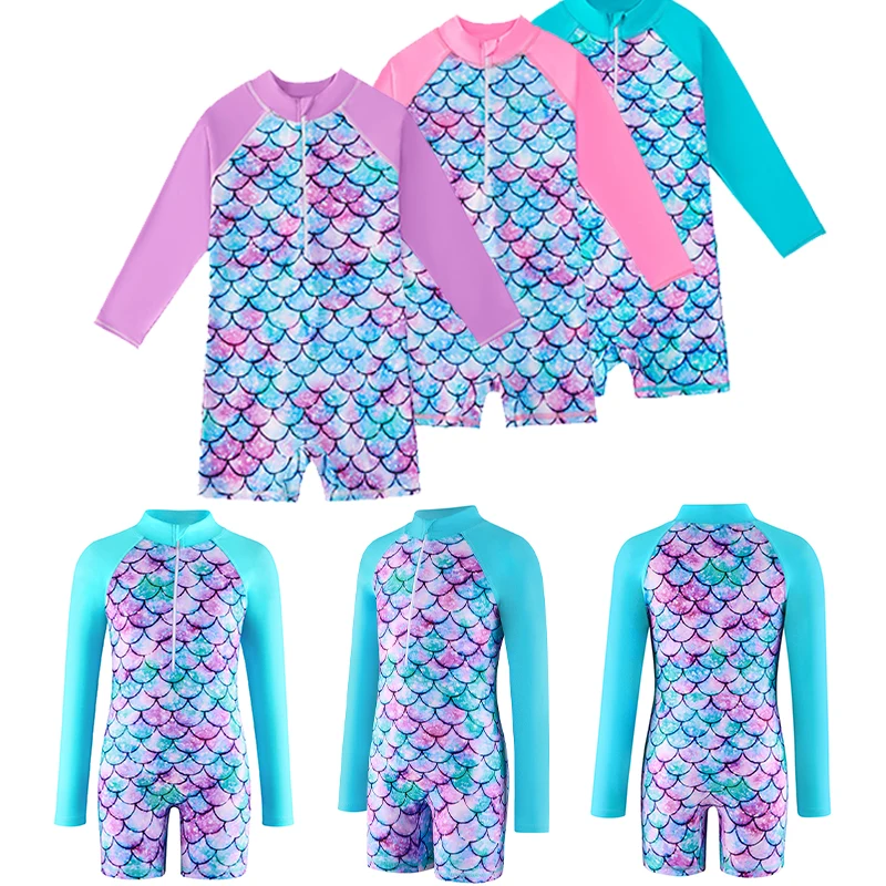 

Children's Swimsuits Summer Girls Long Sleeves Mermaid Fish Scale One-piece Zipper Swimsuit 4-12Years Kids Sun-proof Surf Suits