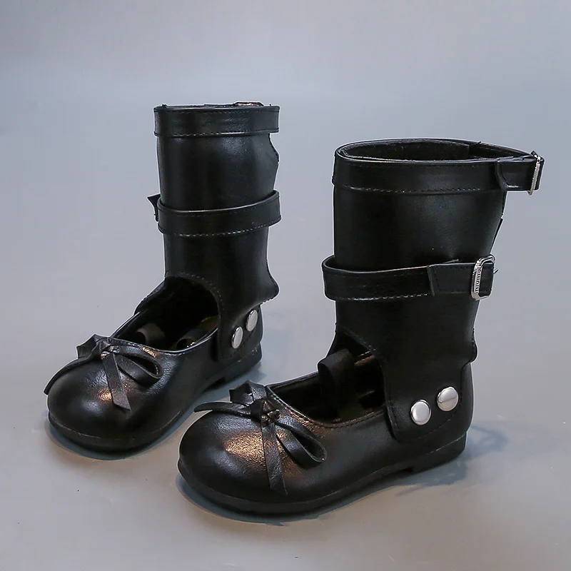 Girls Leather Autumn Boots Flat Shoes with Bowknot