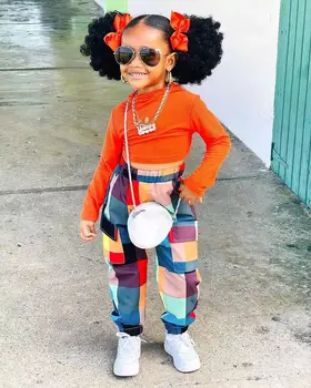 Qunq Girls' Spring Fashionable Solid Color Long Sleeved Top Plaid Leggings Two-piece Set 1