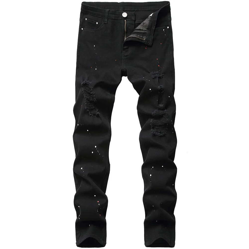 Men-Black-Stretch-Denim-Jeans-Painted-Holes-Ripped-Pants-Classic-Slim ...