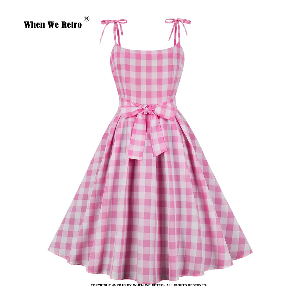 

Summer Plaid Print Sweet Bowknot Swing Spaghetti Strap Dress Vintage Pin Up 50S 60s Rockabilly Sexy Party Dress Slip Robe RS1166