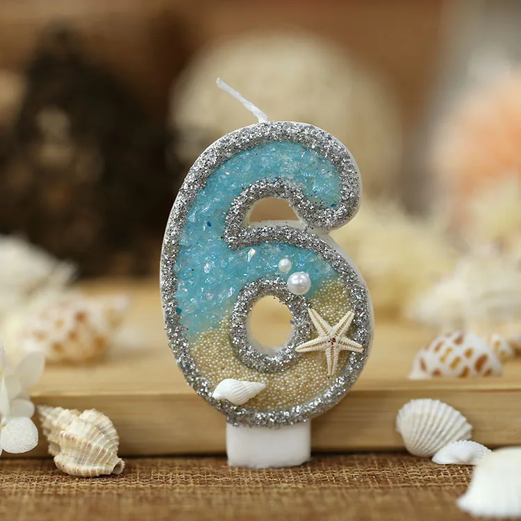 0-9 Digital Glitter Candles Summer Beach Starfish Birthday Cake Decoration Number Mermaid Ocean Themed Party Cake Decor Supplies