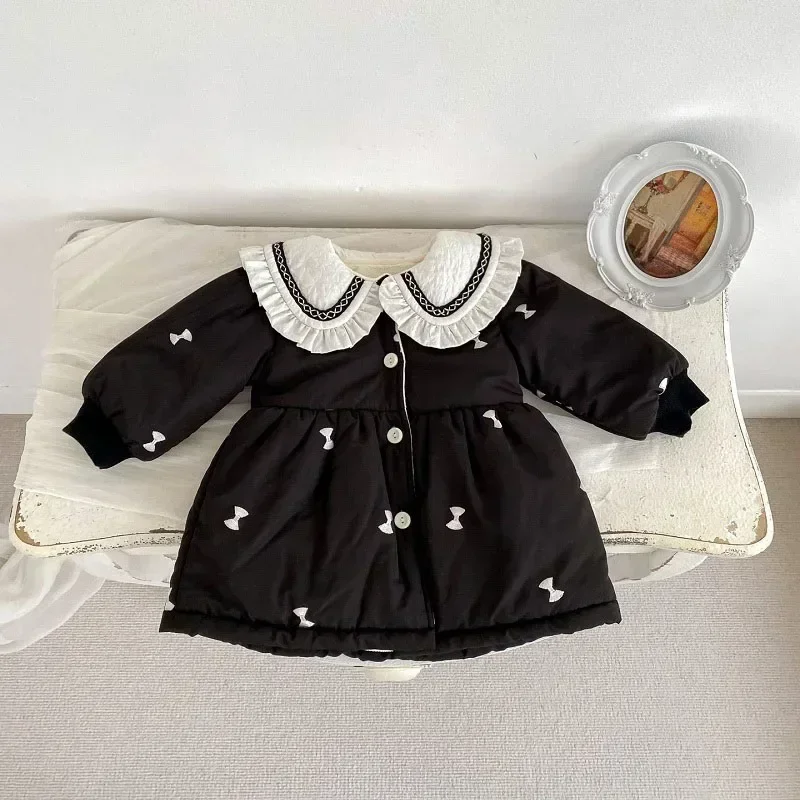 

2023 Winter Baby Girl Down Coat 0-5Years Children Long Sleeve Peter Pan Collar Fleece Thicken Warm Cardigan Outerwear Clothes