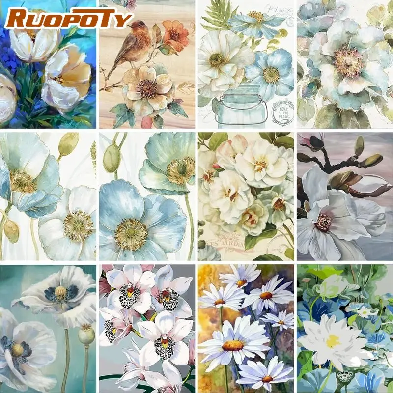 

RUOPOTY Blue White Flower Painting By Numbers Kits Handmade DIY Artcraft Unique Gift For Adults 60x75 Frame On Canvas Wall Arts