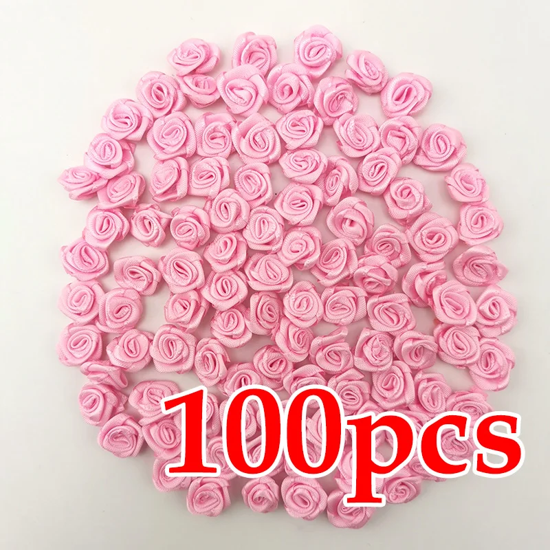 100-Pack Mini Pink Satin Ribbon Flowers for Crafting and Party Decor