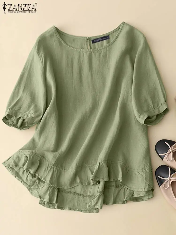 

ZANZEA 2023 Summer Blouse Women Elegant Cotton Shirt O Neck Half Sleeve Blusas Causal Loose Holiday Work Tunic Tops Oversize