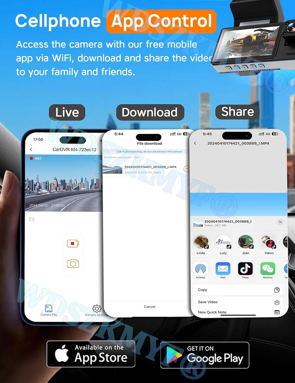 Description Picture 6 of item3Lens WIFI APP Video Recorder 2/3 Channel 1080P Car DVR Night Vision Dash Cam for Cars 3ways Camera for Vehicle Rear view camera