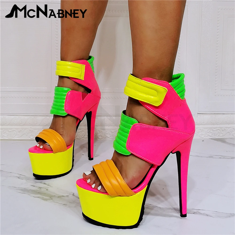 

Bright Multicolor Sandals Platform Stiletto Summer Shoes Candy Color Round Toe Super High Shoes Large Size Handmade Sandals Sale