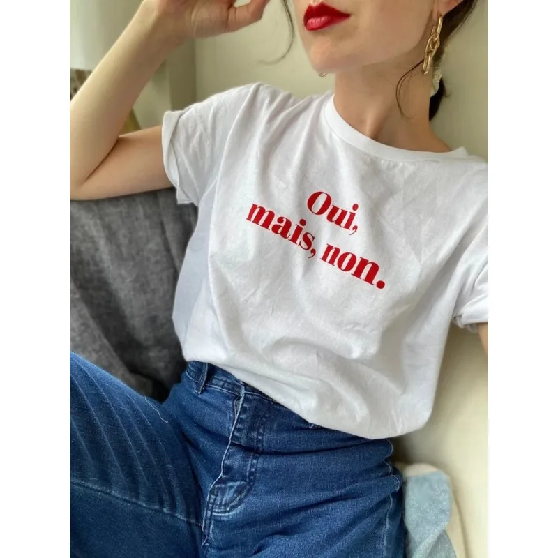 

2024 Funny Summer Tee OUI MAIS NON French T-Shirt French Quote Shirts Parisian Style Tee Women Fashion Casual Cotton Vintage Top