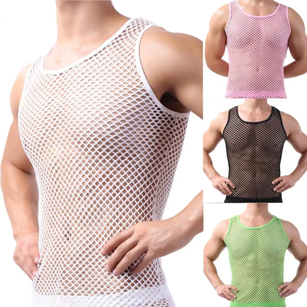 Men Vest Undershirt Nylon Mesh Shirt See Through Transparent Shirt Underwear Sleepwear