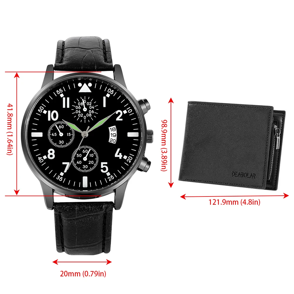 Utility Wallet Wristwatch Gift Set Creative Present for Men Leather Quartz Calendar Watch Simple Black Purse with Greeting Card