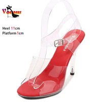 11CM Women's Sandals Fashion Transparent Crystal High Heels Women's Shoes Large Size 35-43 Fish Mouth Party Red Wedding Shoes - Image 2