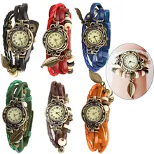 Vintage Bracelet Quartz Wrist Watch with Weave Wrap Leather Band Leaf Beads for Women XRQ88