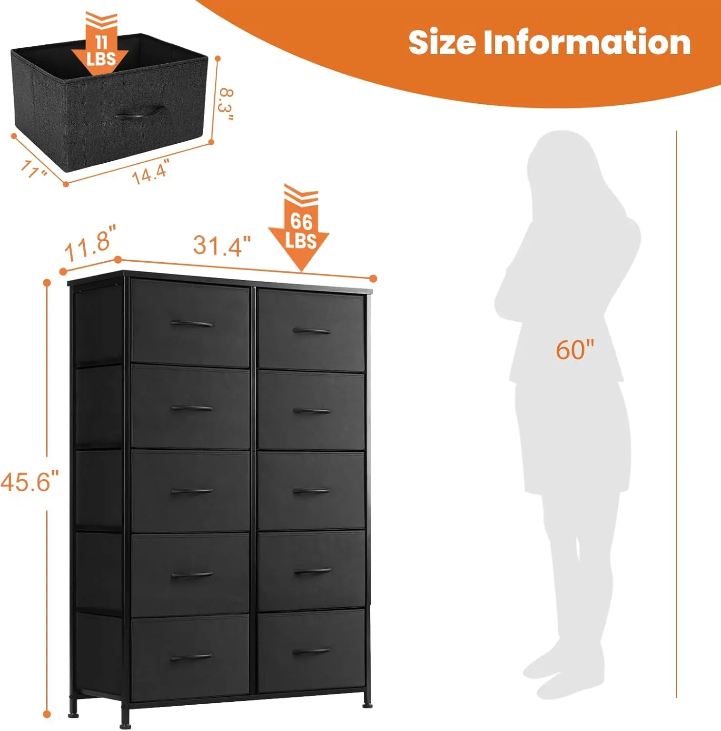 Tall Dresser for Bedroom, Drawer Dresser Organizer Storage Drawers with 10 Drawers, Chest of Drawers with Fabric Bin 3