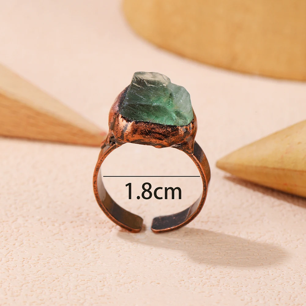 Natural Green Fluorite Raw Stone Vintage Adjustable Ring Antique Copper Electroplating Boho Unique Jewelry Women's Party Gifts 3