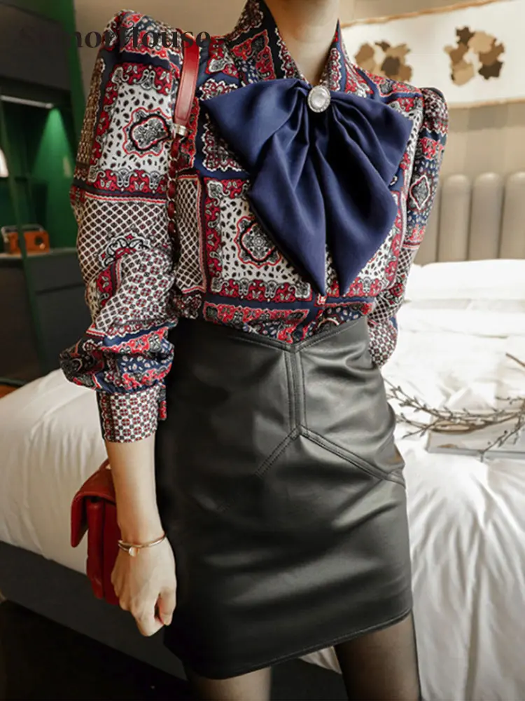 

Summer Autumn New Skirt Suit Women Korean Fashion Printed Bow Shirts Tops+ Black PU Leather Pencil Skirt Office 2-Piece Sets