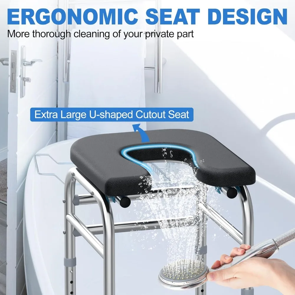 U-Shaped Shower Chair with Thick Padded Cushion, 400LBS Stainless Steel Shower Seat for Inside Shower, Adjustable Bath Chair 5