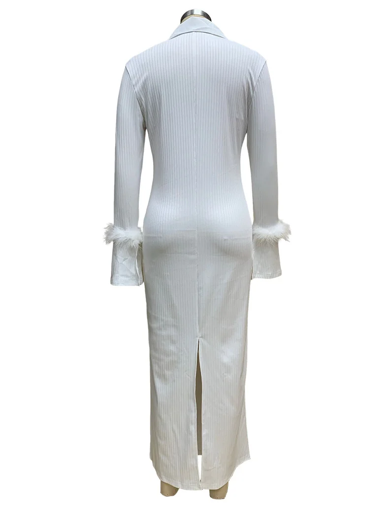 Autumn & Winter New Women's Fashion Polo Neck Feather Long Pit Stripe Dress Elegant & Beautiful Party Evening Dress