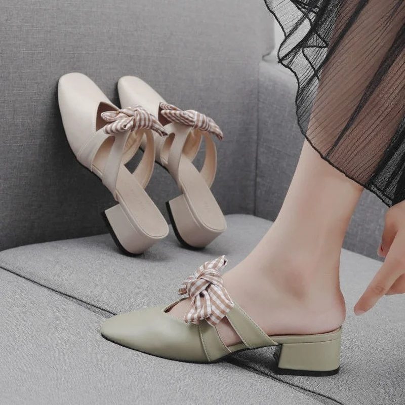 

Elegant Medium Heel Women's Shoes Leather Bow Slippers Sandals Chunky Slipper Mules Mirror Luxury Designer Elegant New 2023 Low