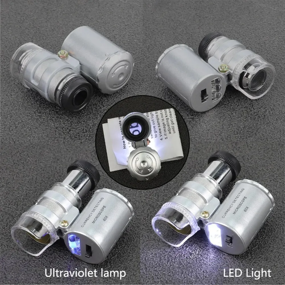 Magnifying Glass Mini 60X Microscope LED Light Handheld High Definition Pocket Jewelry Loupe Portable Currency Detecting