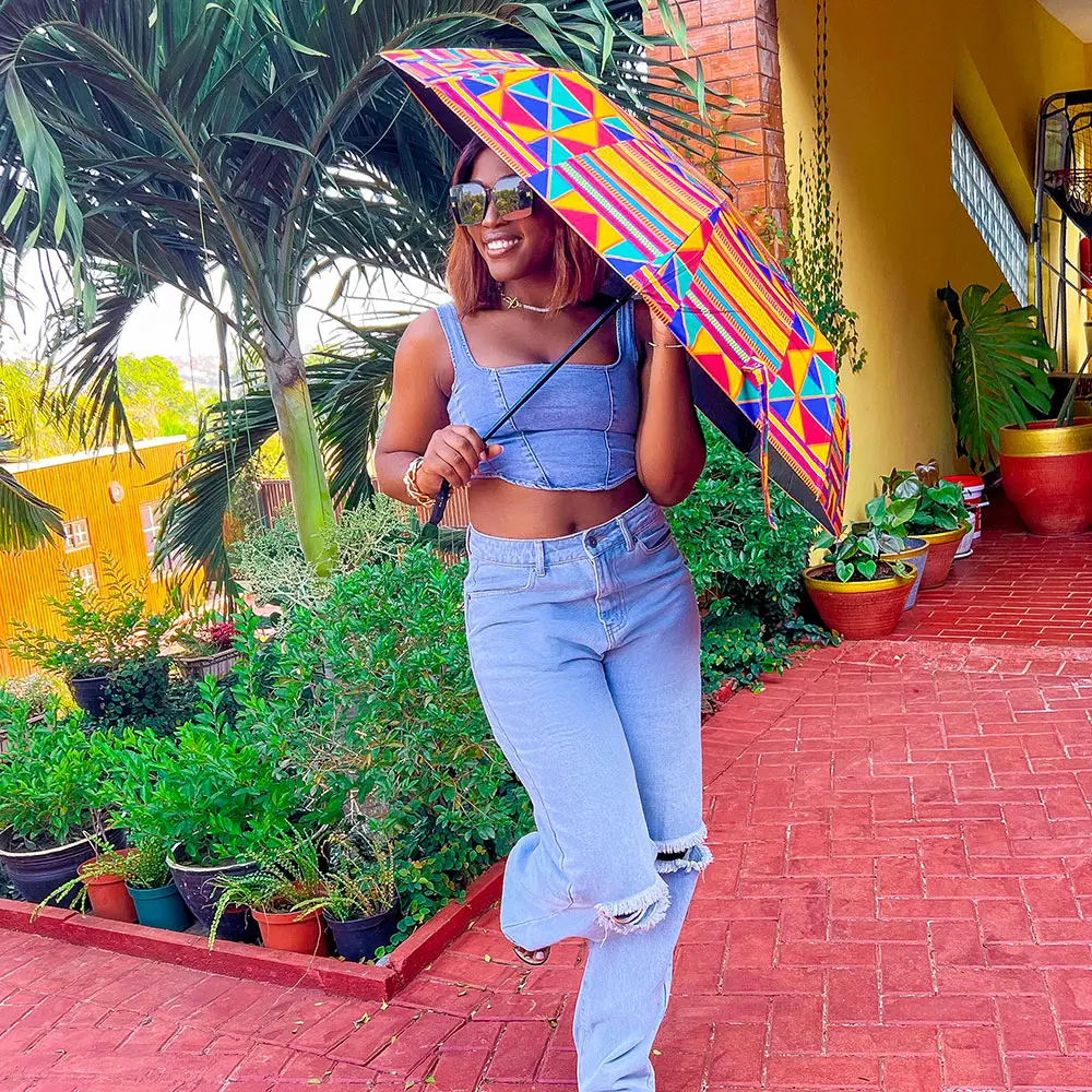 African Women Windproof UV Ankara Print Umbrellas Three Folding