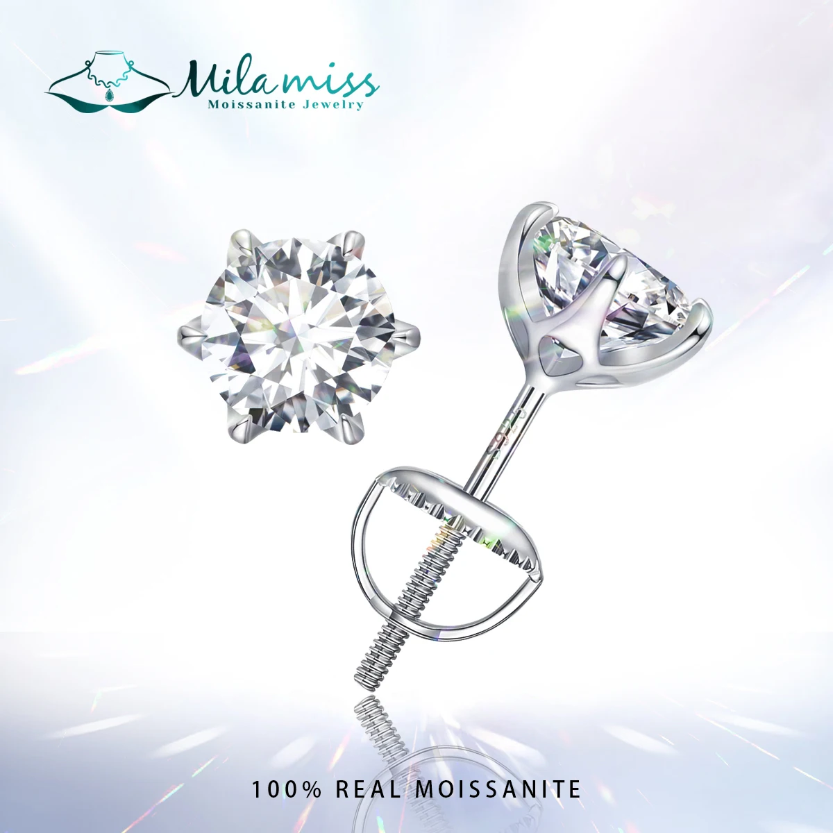 

MILAMISS 2CT Moissanite Ear Stud Heart Hollow Earrings Six Crown Claws Round Cut Lab Diamond Platinum Plated For Women Wedding