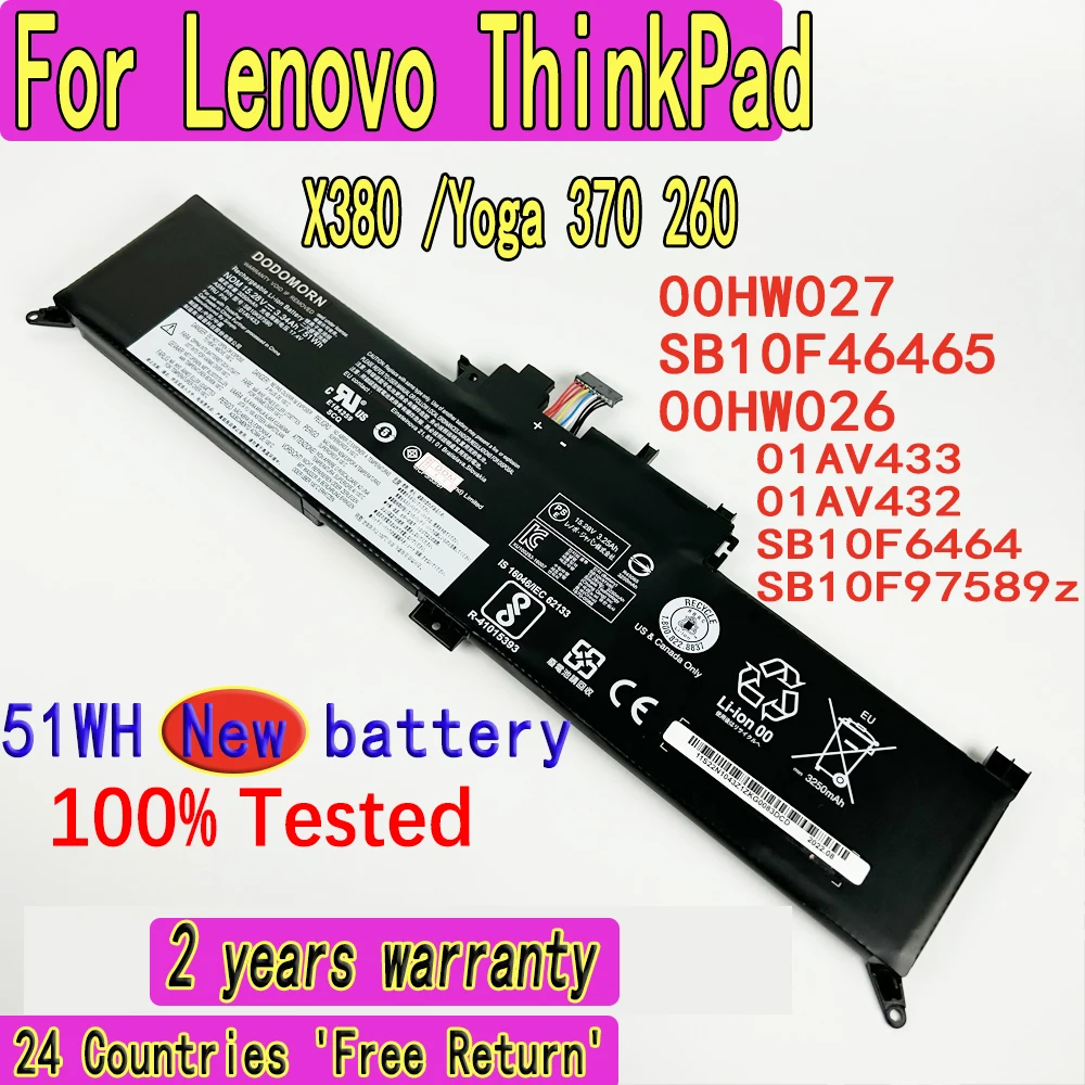 

Новый высококачественный аккумулятор 01AV433 для Lenovo ThinkPad X380 /Yoga 370 260 SB10F46465 00HW027 00HW026 01AV432 SB10F6464 SB10F97589z